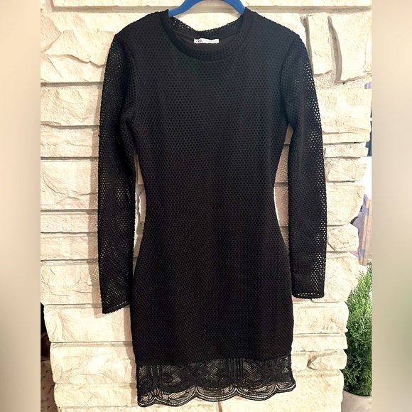 Zara | Dresses | Zara Black Mesh Lace Trim Long Sleeve Dress | Poshmark